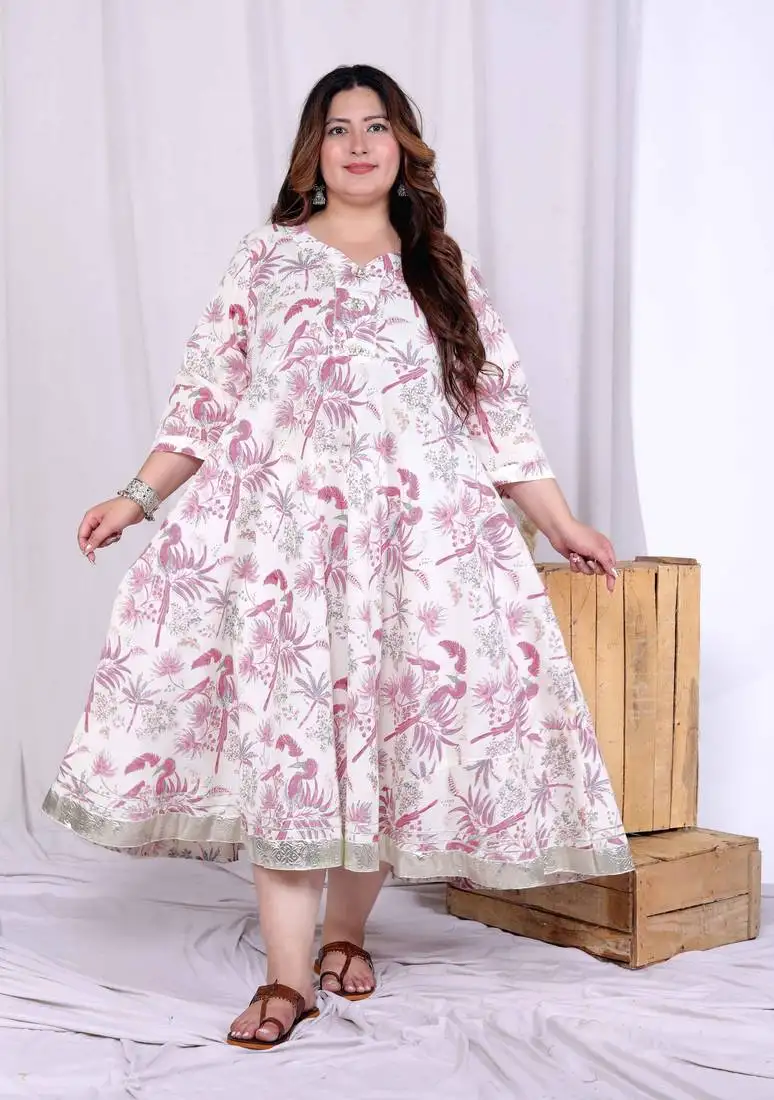 women's plus size pink cotton gota and lace border birds and leaf floral printed anarkali kurta