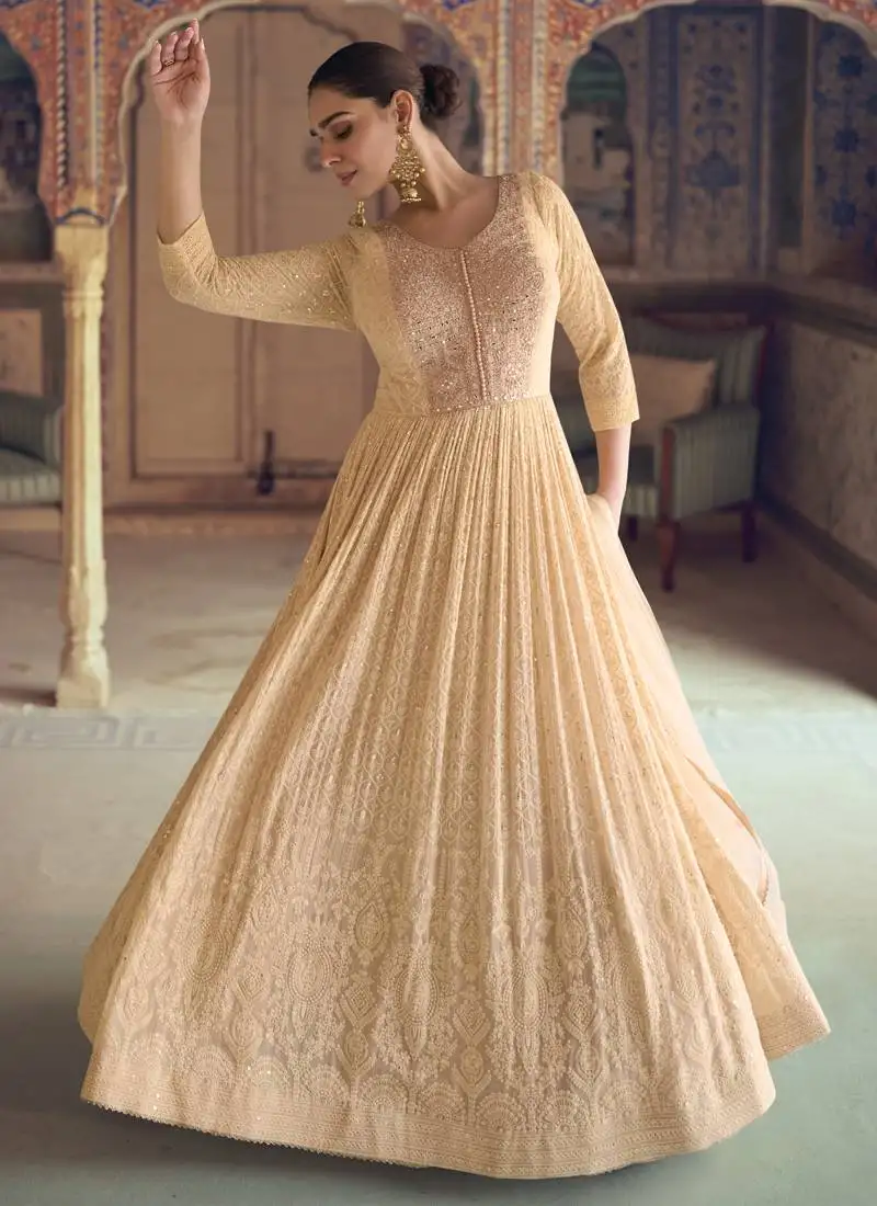 Cream georgette chiknkari embroidered anarkali suit stitched