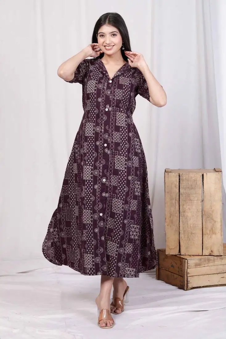 Wine collar neck floral printed a-line party wear maxi dress