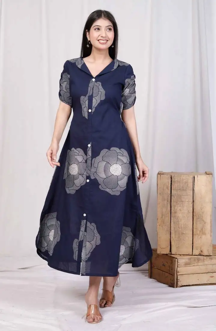 Blue floral printed front buttoned a-line maxi dress