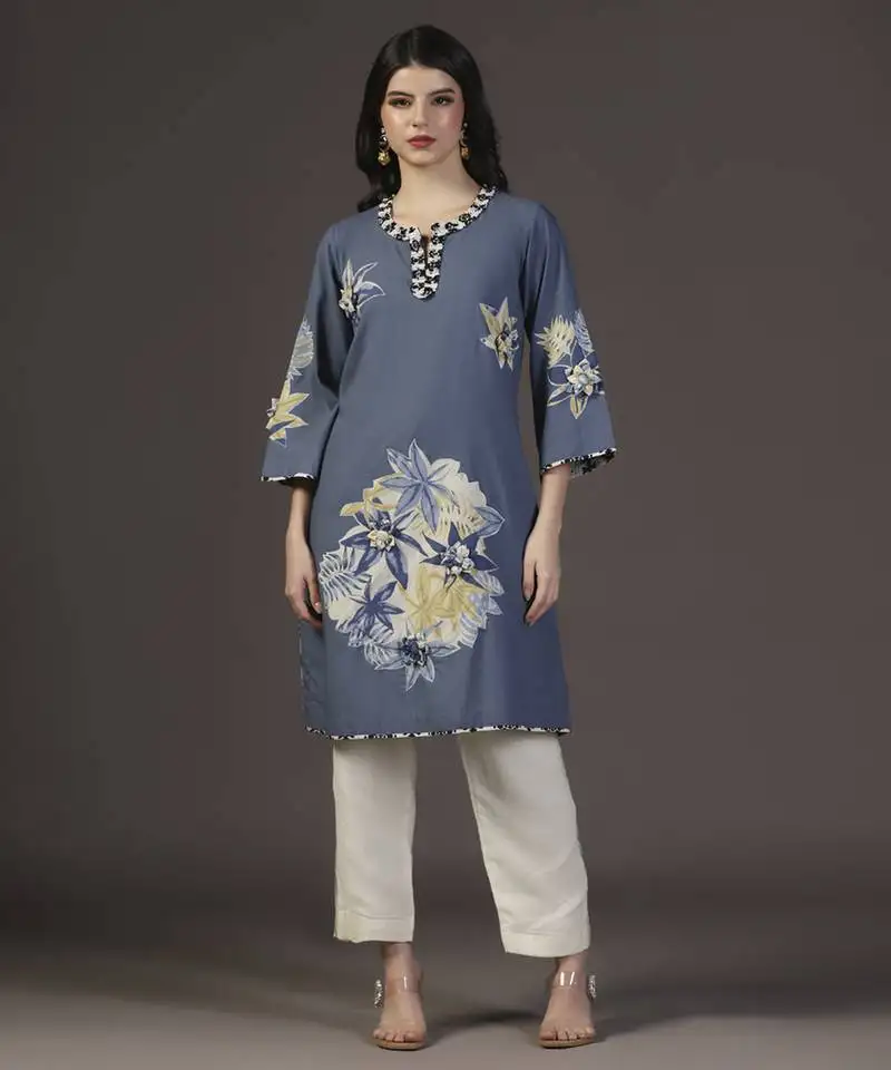 Peacefull blue cotton printed applique kurta set