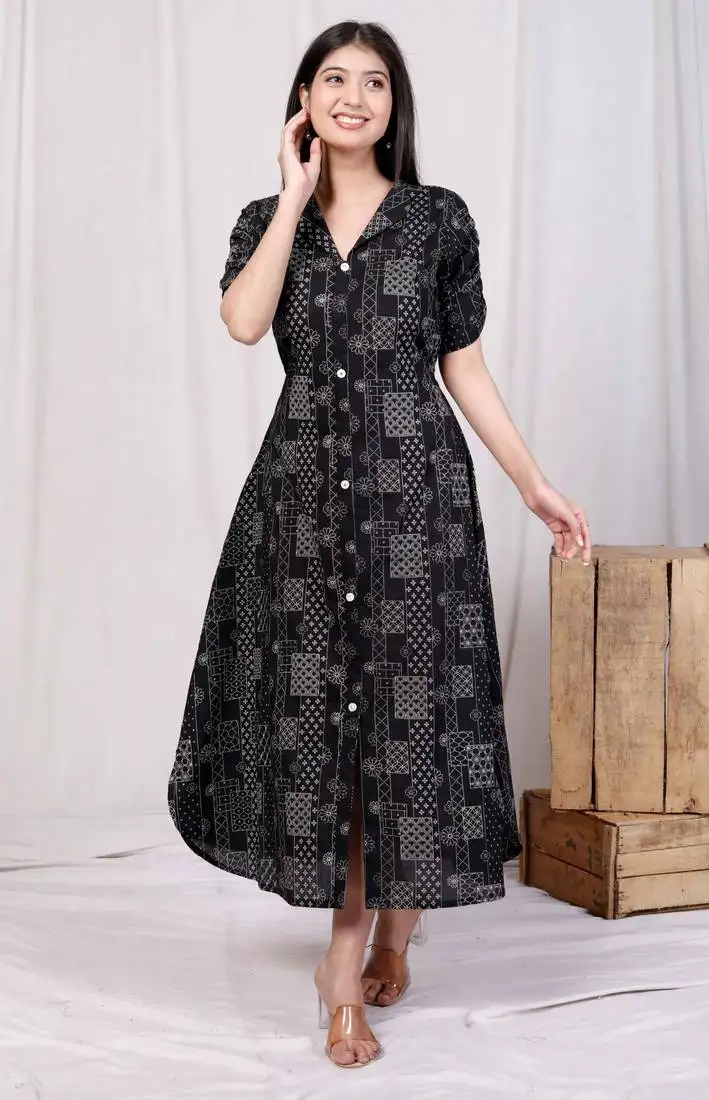 Pure cotton black floral printed front button a-line midi dress