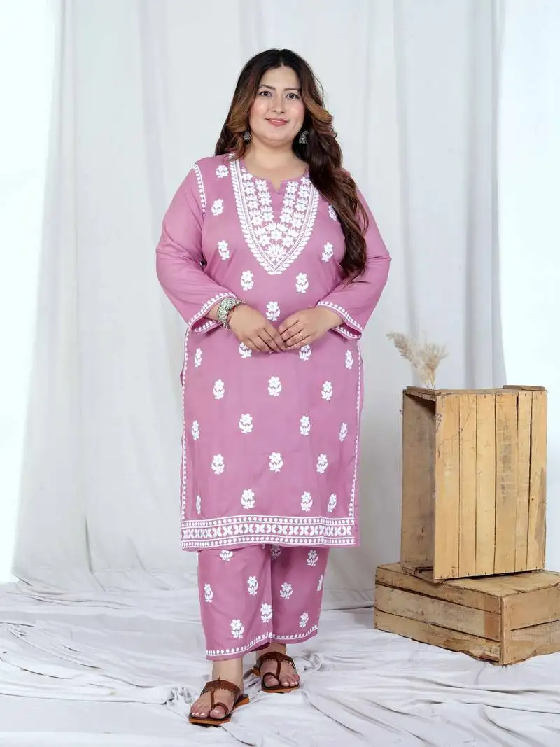 Plus size chikankari embroidery pink straight kurta and palazzo set stitched
