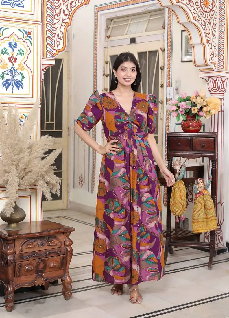 Floral print puff sleeve pure cotton fit flare magenta butterfly maxi dress