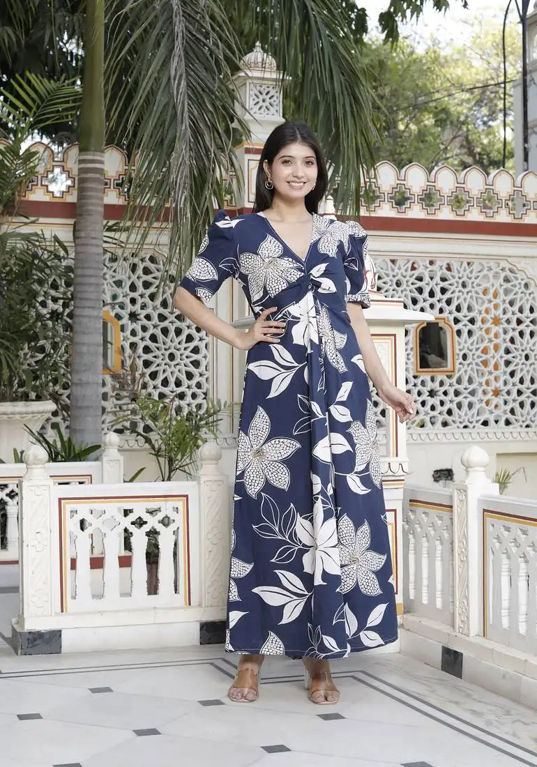 Blue flower printed puff sleeve pure cotton fit v neck butterfly middi dress