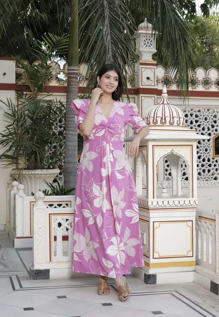 Pink floral print puff sleeve pure cotton fit flare butterfly maxi dress