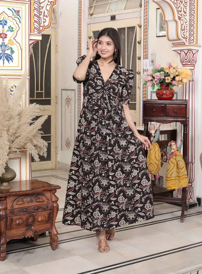 Multicolored pleated puff sleeve floral pure cotton butterfly maxi dress