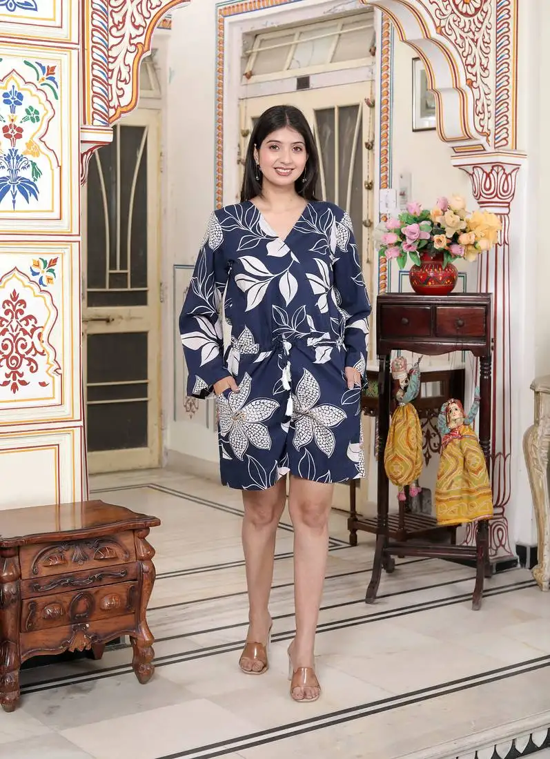 womens blue v neck tie-ups floral pure cotton casual long sleeves playsuit