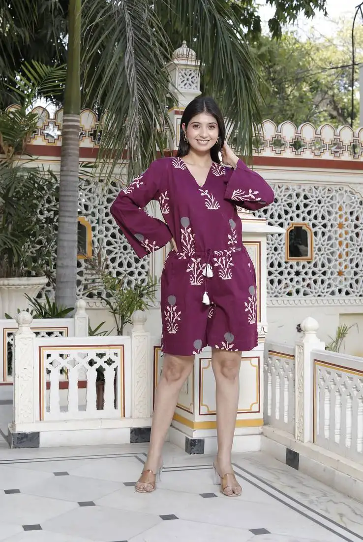 Pure cotton wine floral printed long sleeves waist tie-up playsuit