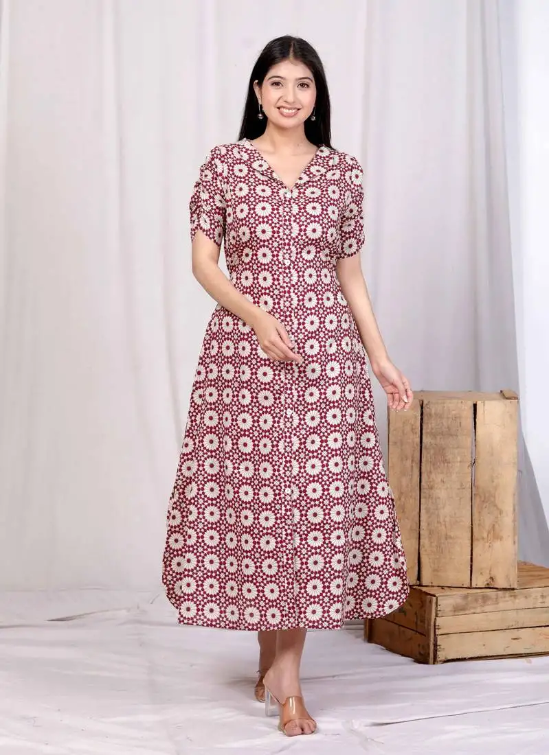 Cotton floral printed cream a-line maxi dress with buttons