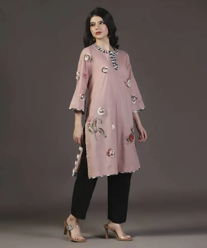 Rose whisper peach cotton applique printed work kurta set
