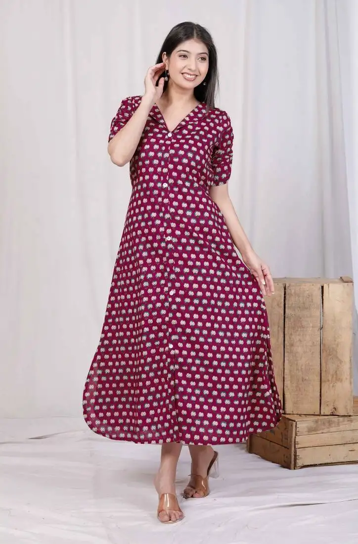 Relaxed fit red floral printed a-line pure cotton midi dress