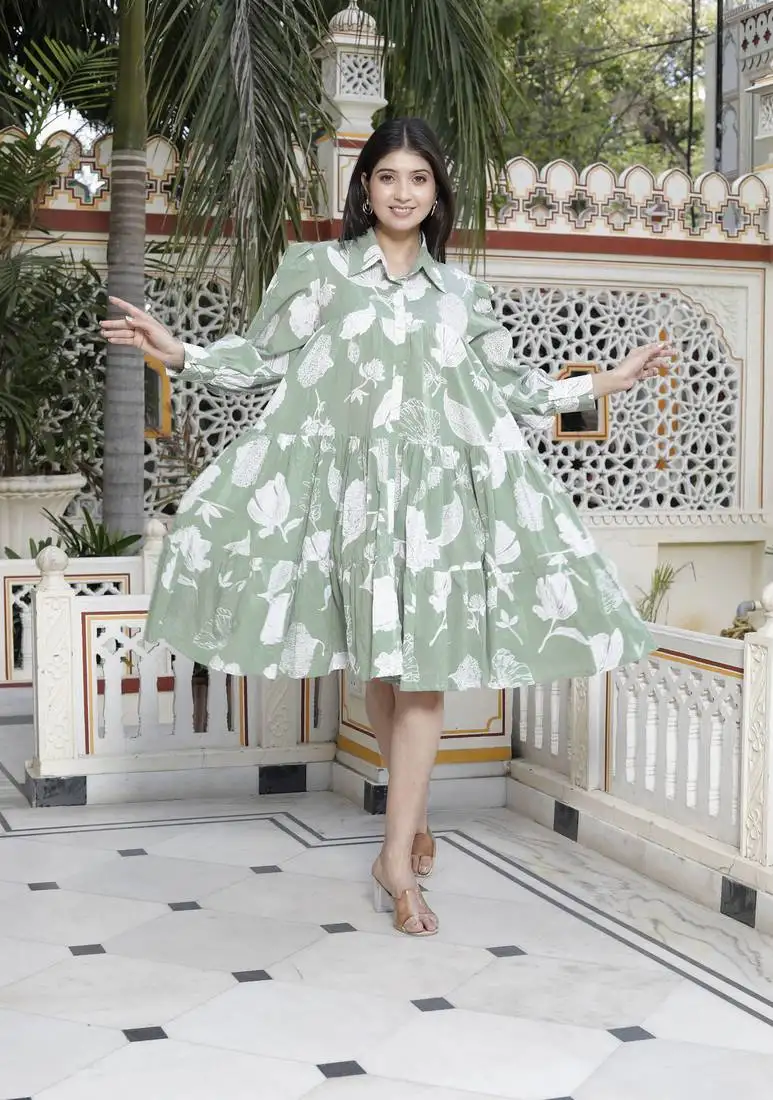 Pure cotton green long puff sleeve gathered tiered loose fit a-line dress