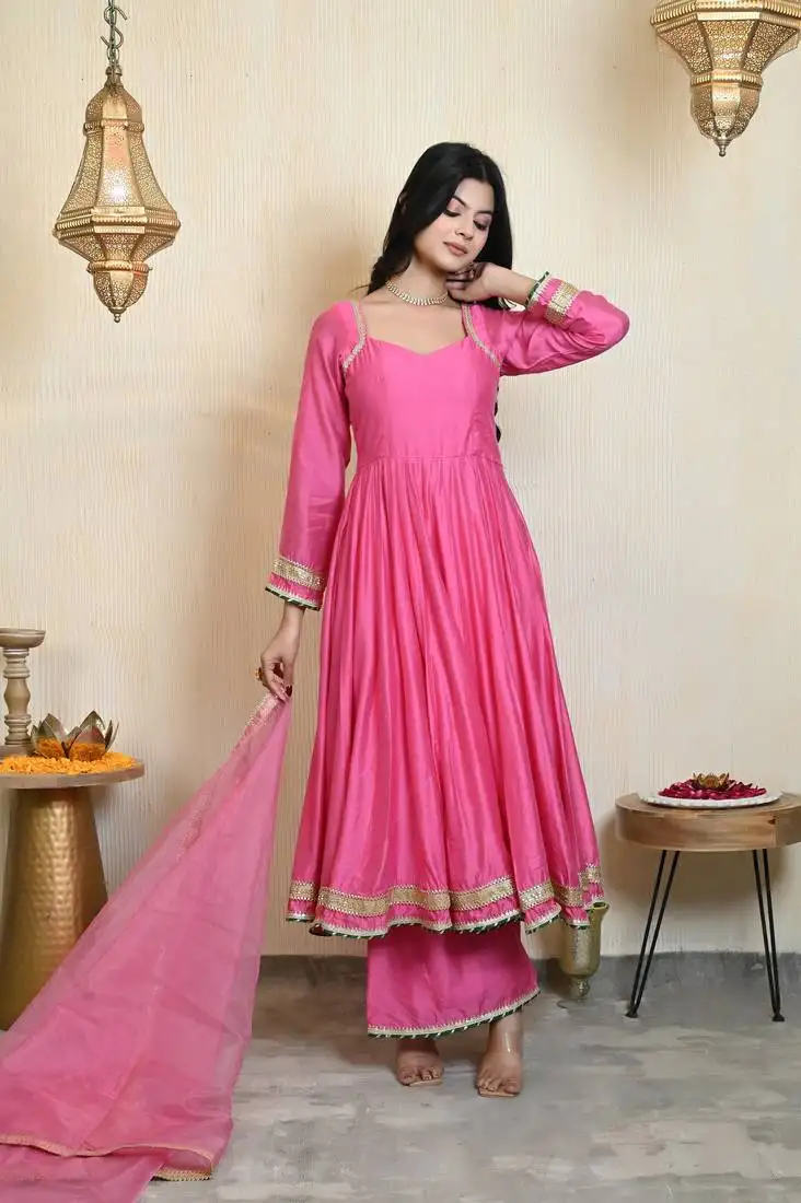 Pink chanderi anarkali set