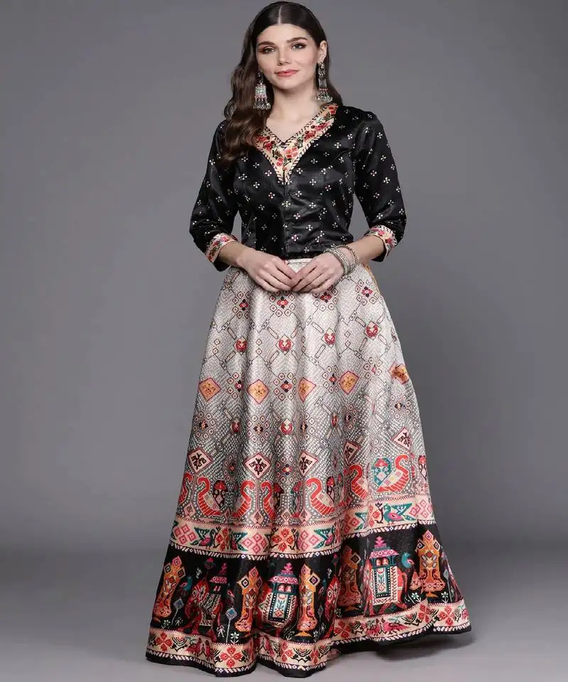 Black bandhani patola digital print shiney satin croptop lehenga with unstitched blouse