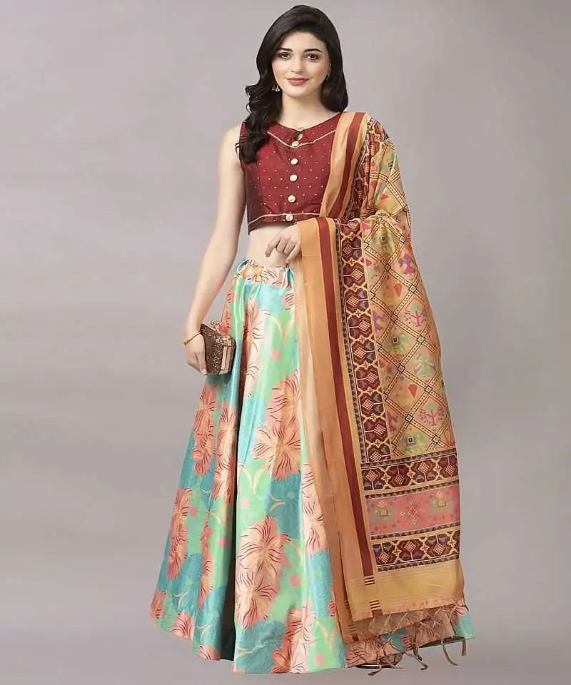 Brown digital floral print satin silk lehenga choli with jacquard unstitched blouse and assami silk thread work dupatta