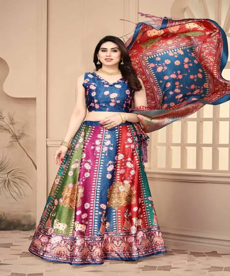 Blue digital floral print satin silk lehenga choli with jacquard unstitched blouse and assami silk thread work dupatta