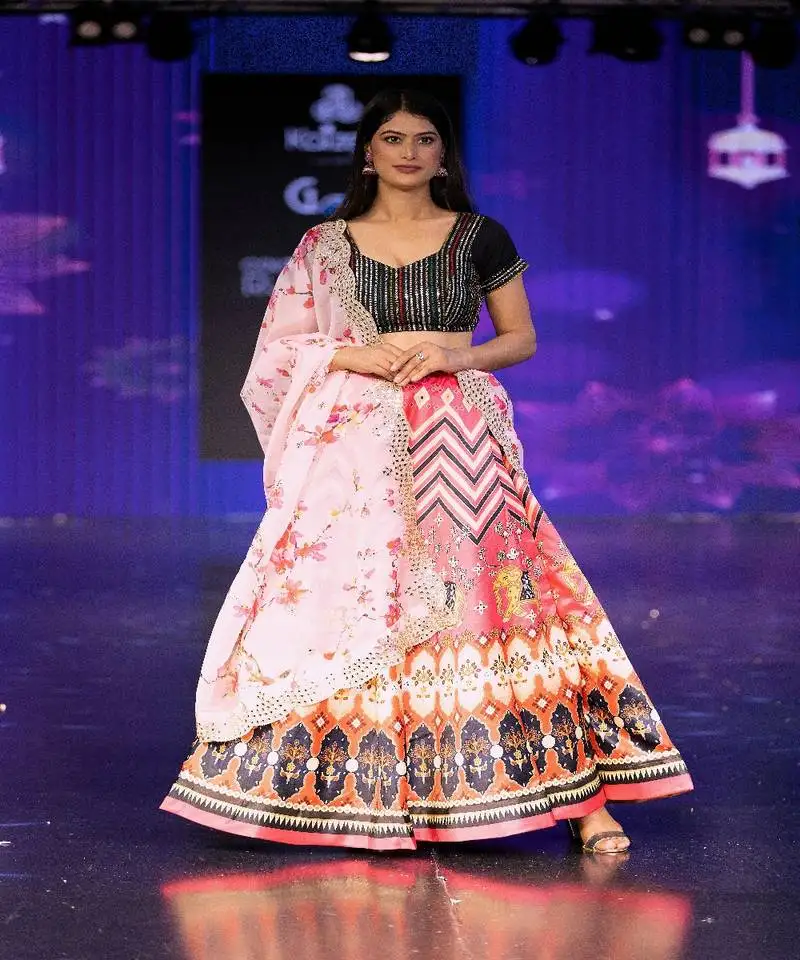 Pink motif print shiney satin lehenga choli with unstitched sequin blouse and shiney organza silk dupatta