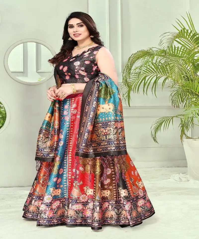 Dark-grey floral print satin silk lehenga choli with jacquard unstitched blouse and assami silk thread work dupatta