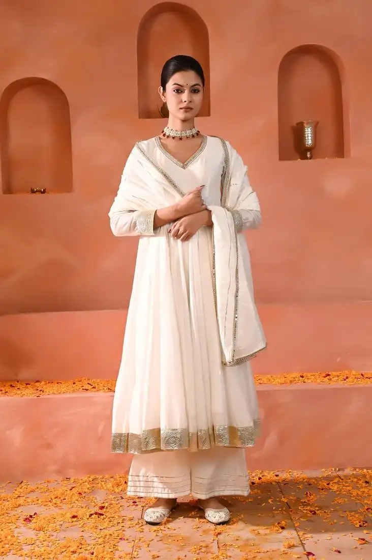 White chanderi anarkali set