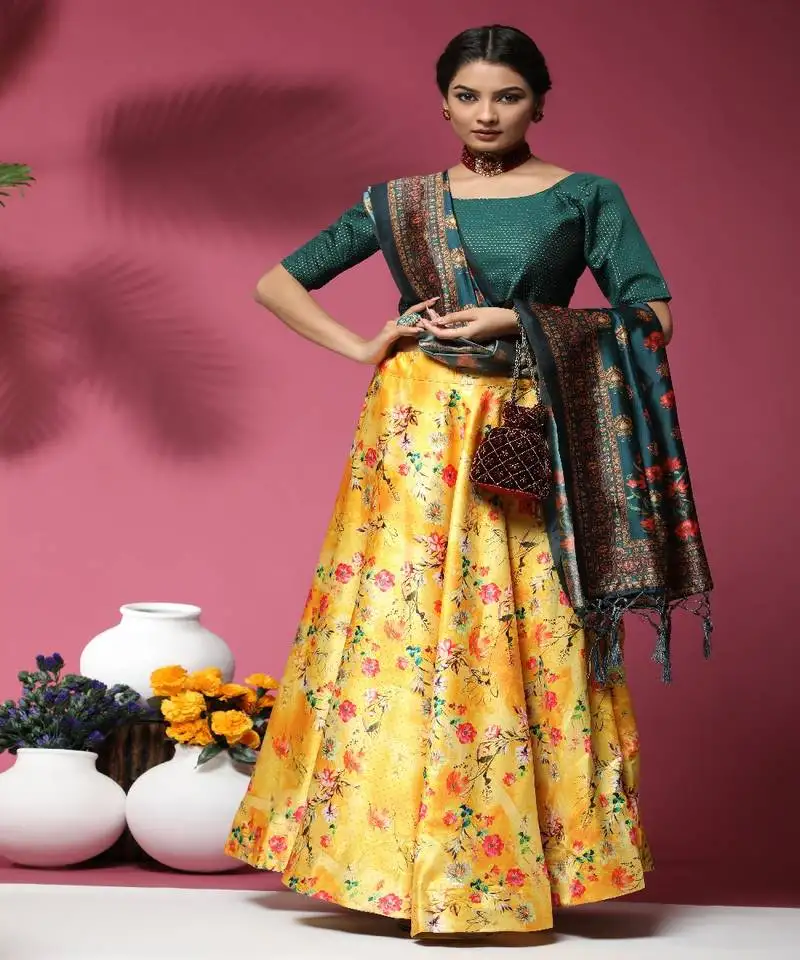 Yellow floral print satin silk lehenga choli with jacquard unstitched blouse and assami silk thread work dupatta