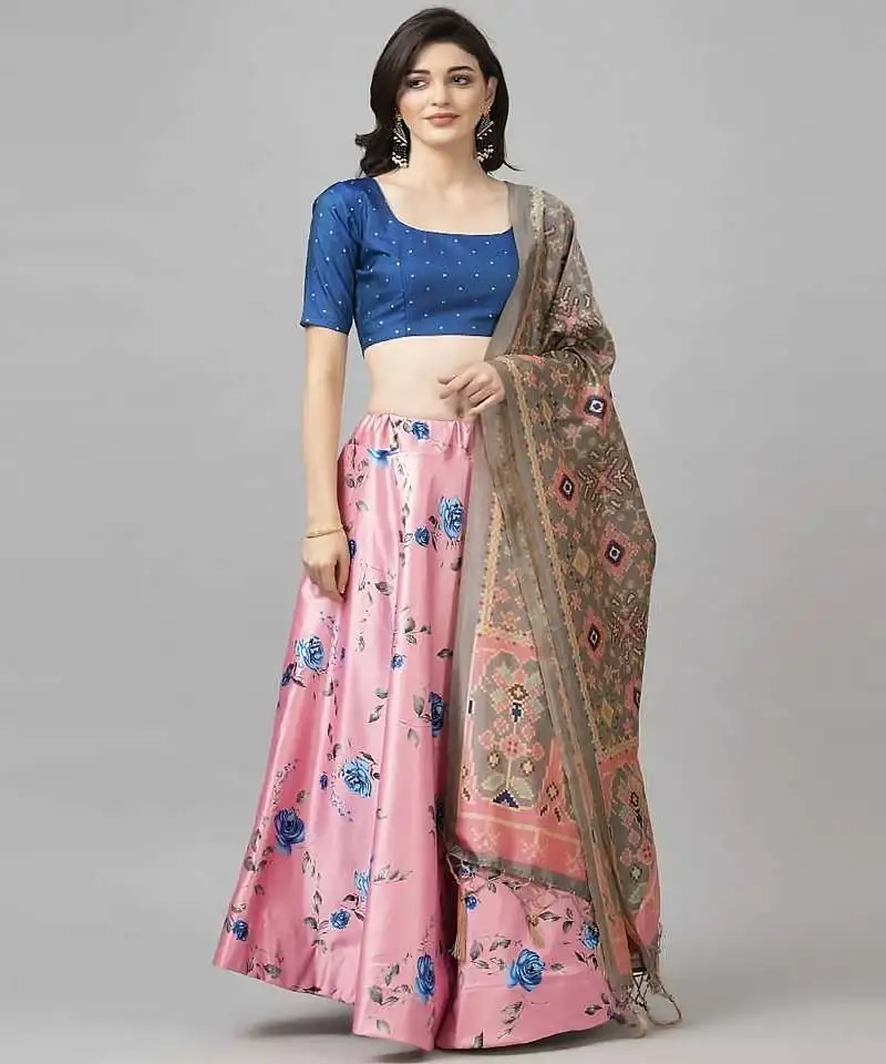 Bronze floral print satin silk lehenga choli with jacquard unstitched blouse and assami silk thread work dupatta