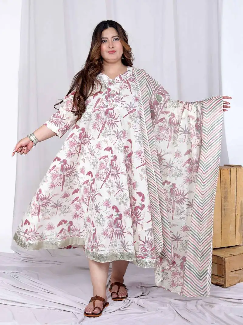 Plus size light pink floral printed and anarkali kurta with dupatta
