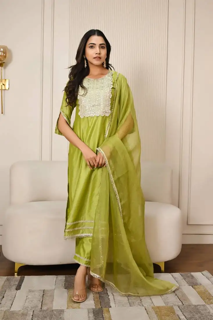 Lime green chanderi kurta set