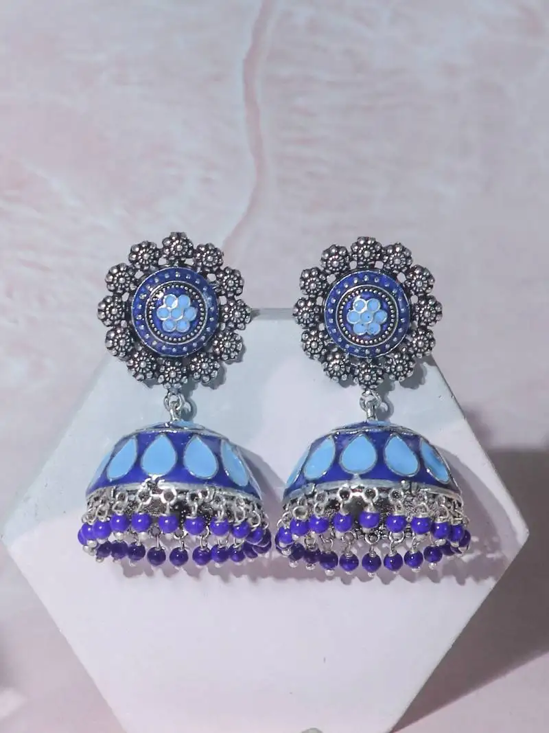 Antique sliver plated blue tone jhumki