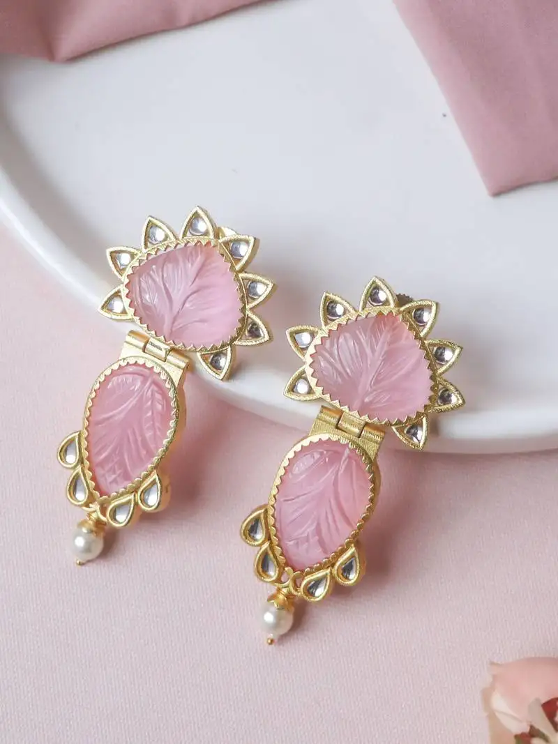 Handcrafted pink craving stone earring