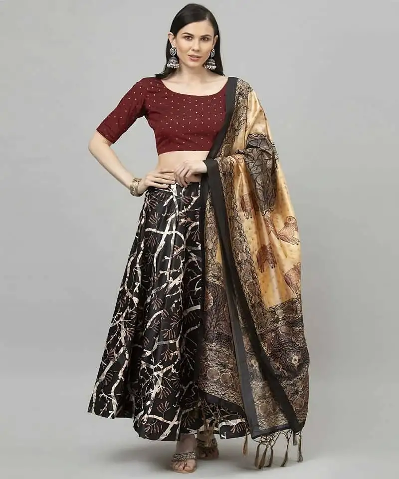 Dark-black floral print satin silk lehenga choli with jacquard unstitched blouse and assami silk thread work dupatta