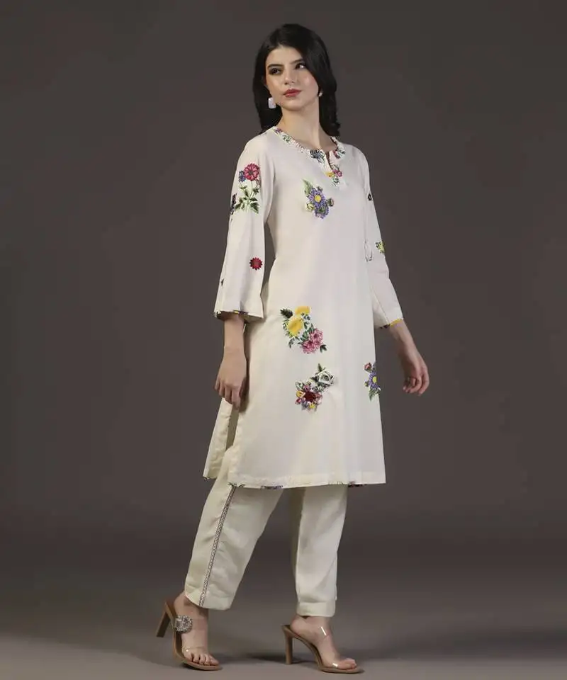 White whisper 3d cotton applique printed kurta set