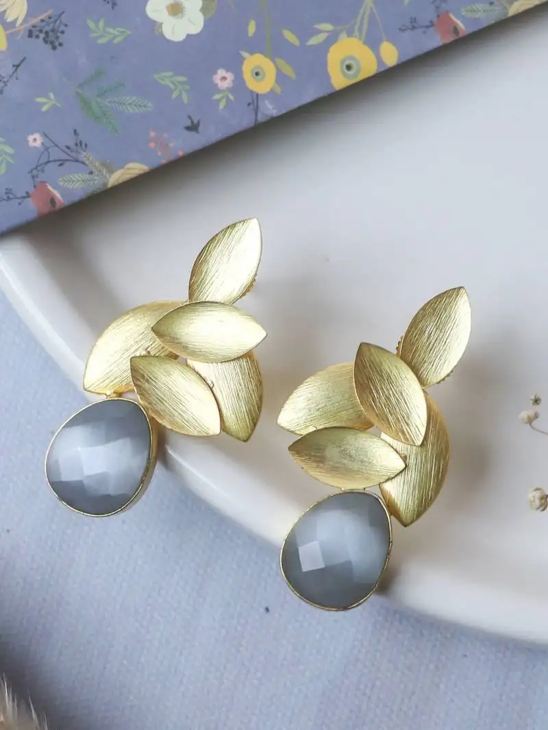 Gold plated grey leaf studs