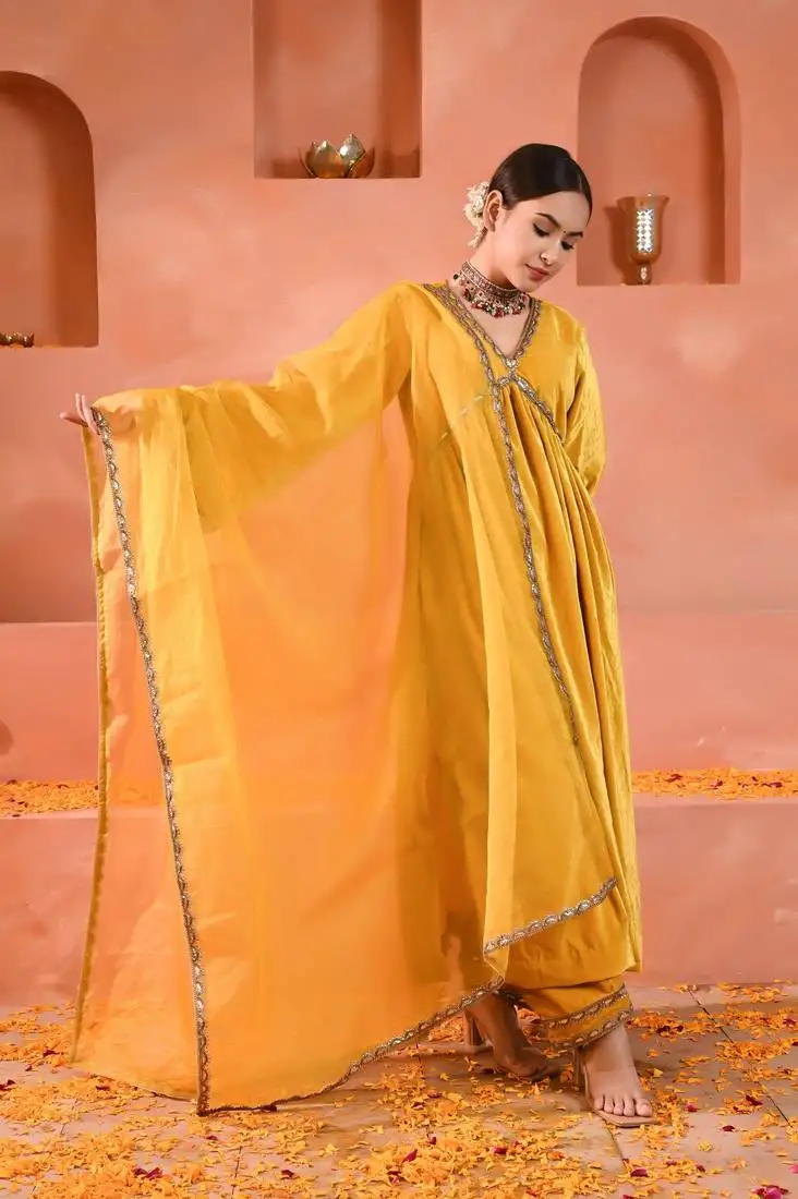 Yellow velvet kurta set