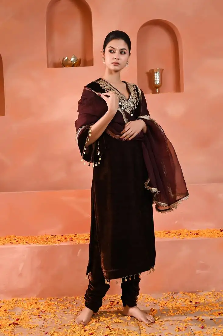 Brown velvet kurta set