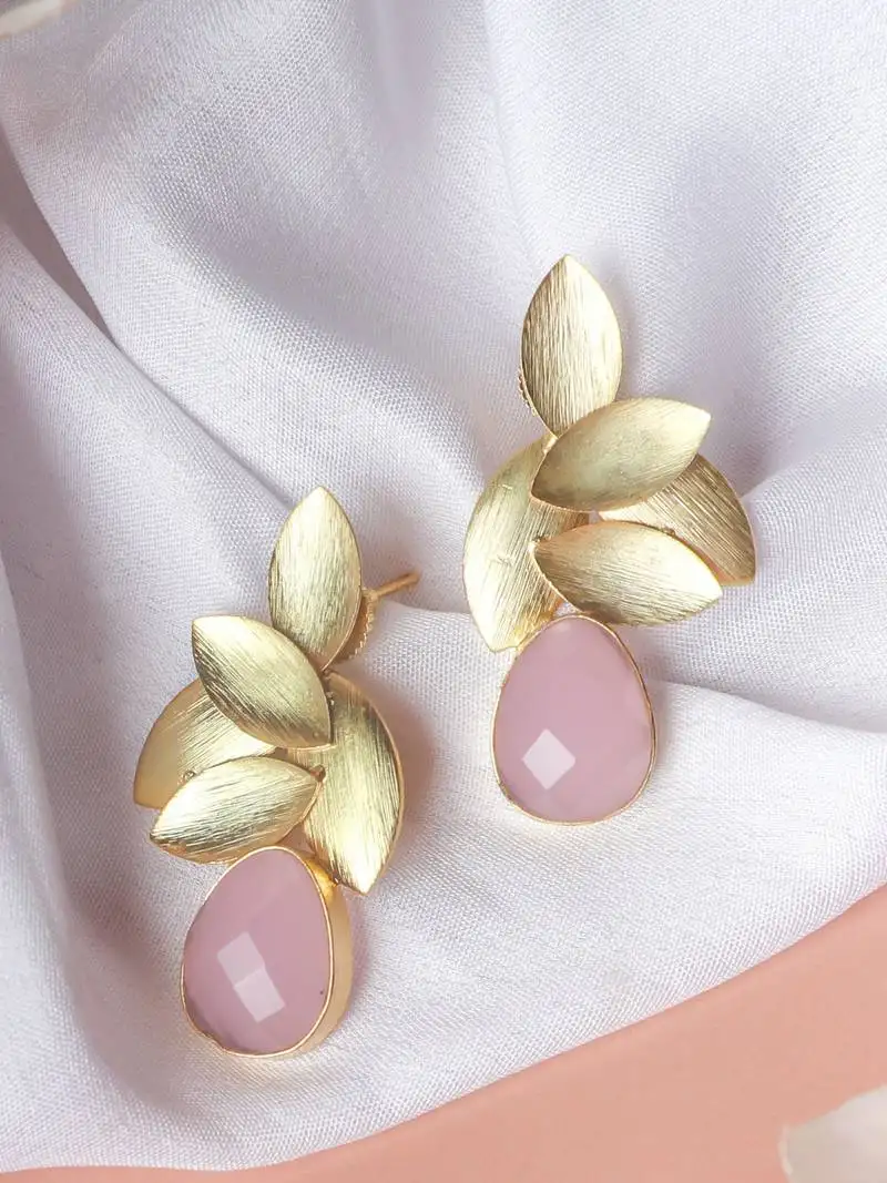 Gold plated pink leaf studs