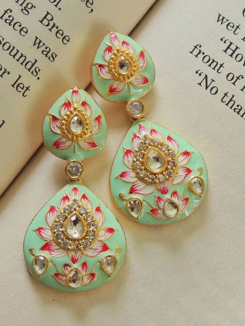 Double paan mint lotus meenakari earrings