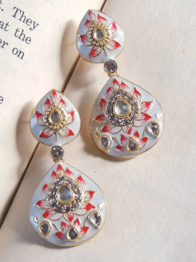 Double paan lotus meenakari earrings