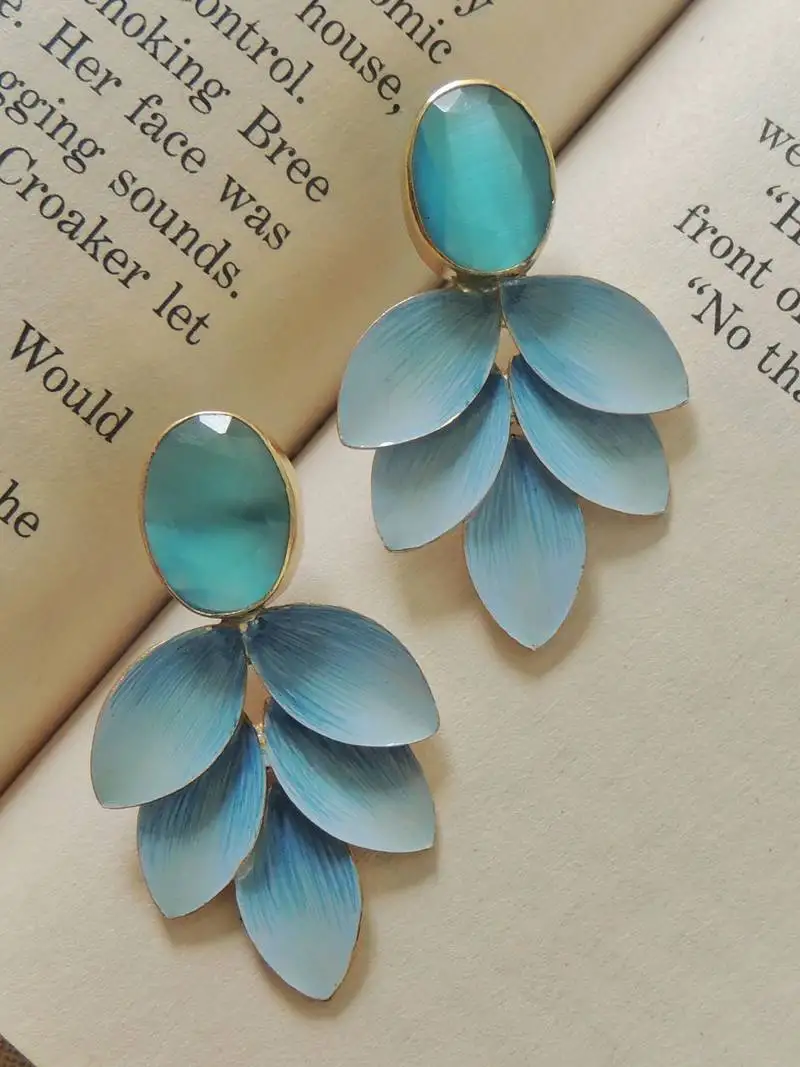 Hand-painted pastel blue leaves studs