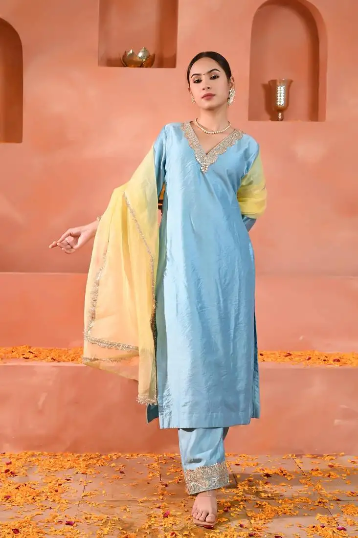 Sky blue chanderi kurta set