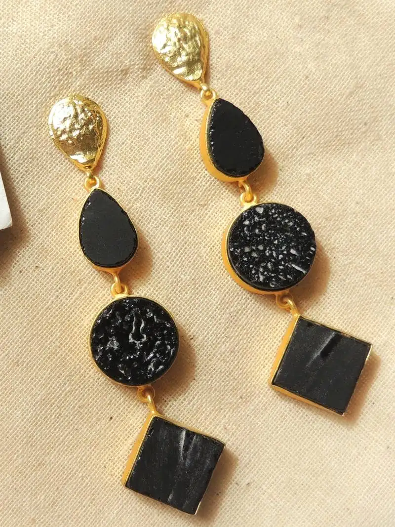Western tri different shape natural stone earring