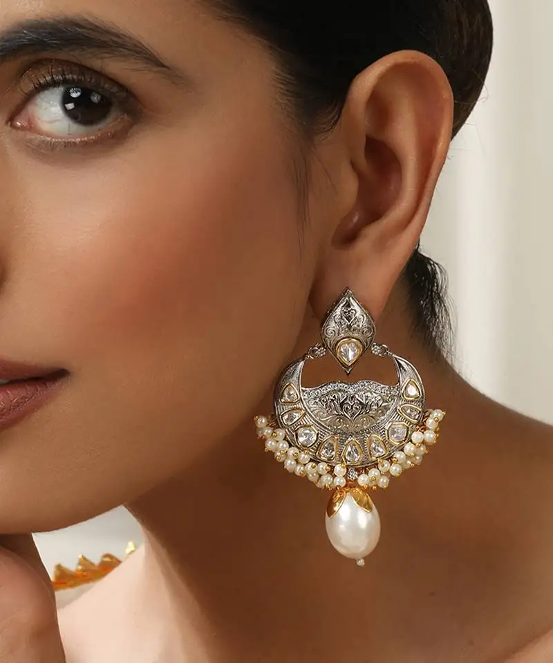 Silver polki chandbali earrings