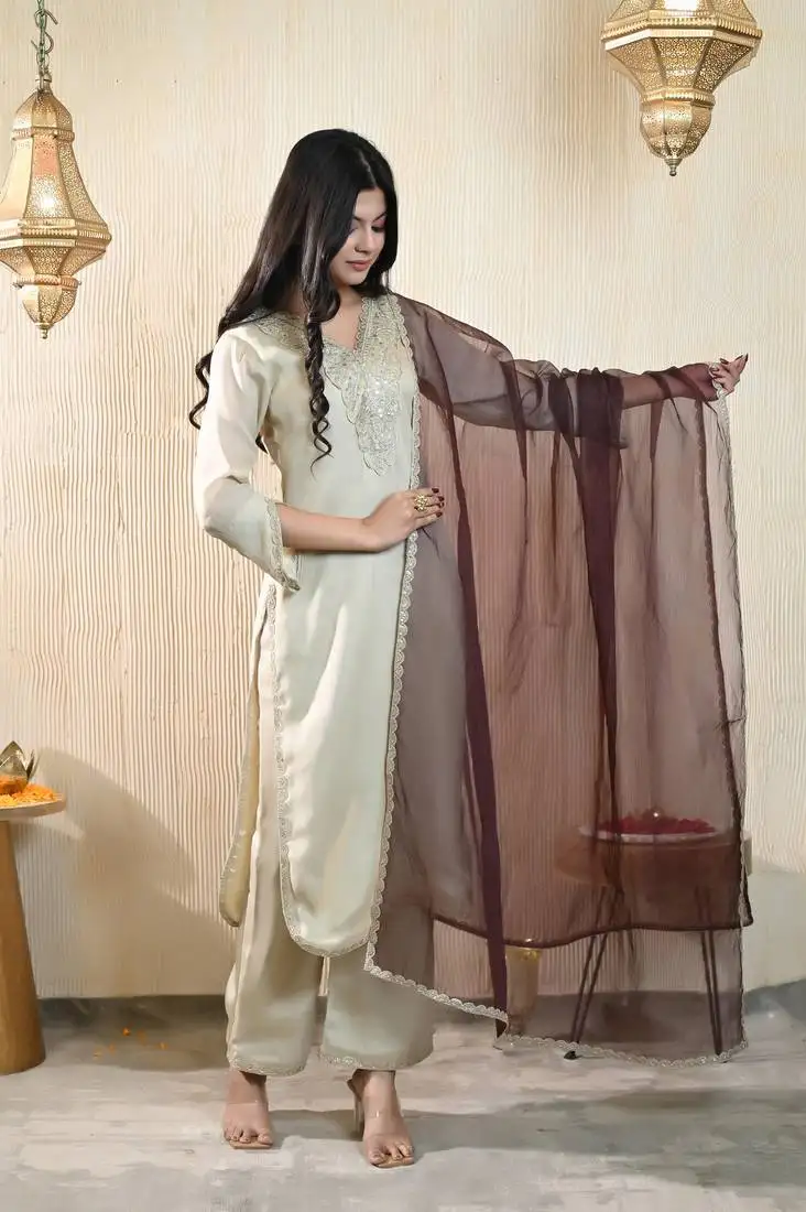 Beige georgette satin kurta set