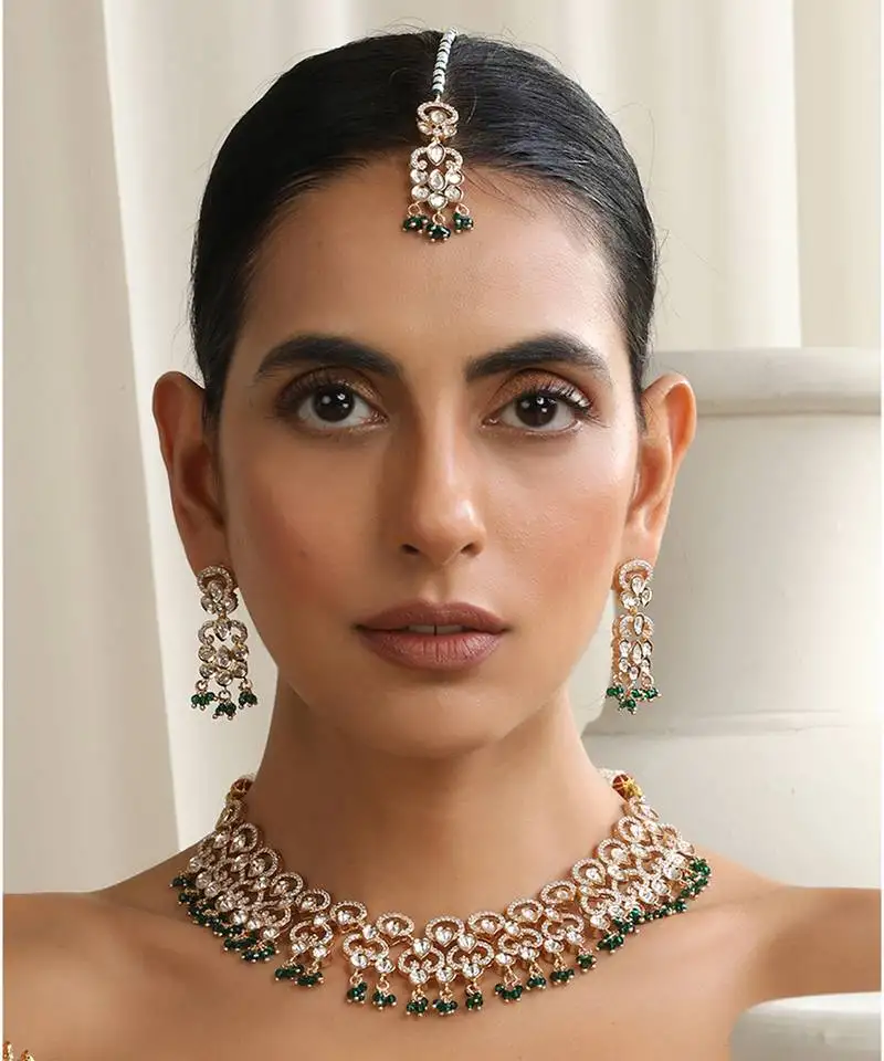 Green rose gold polki necklace set with maang tikka