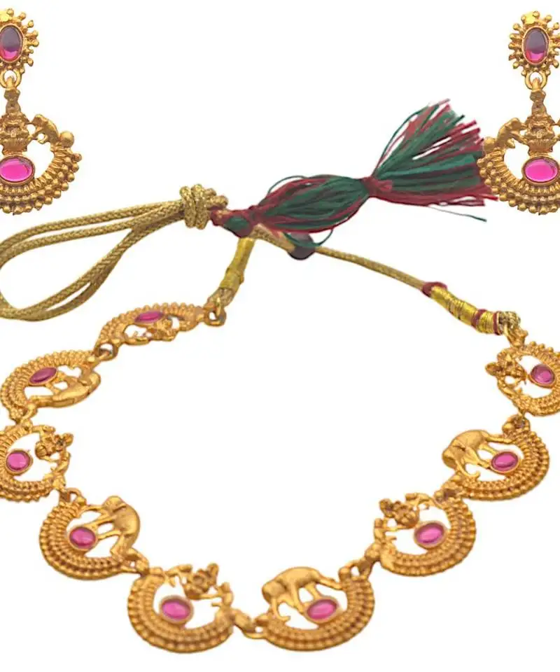 Traditional south indian gold plated pink stone necklace set with dangle earrings lightweight jewelry for women