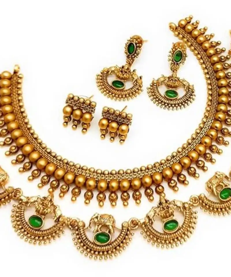 Fashion choker combo gold plated necklace set with 2 pair of earring lightweight temple jewelry choker combo set