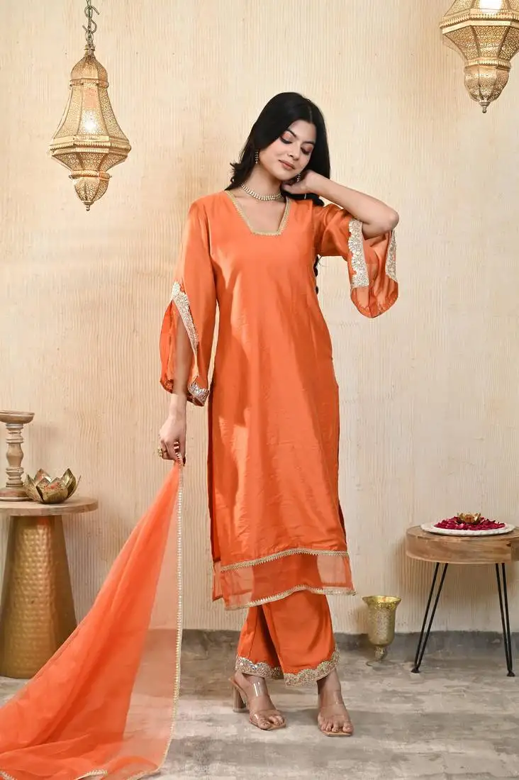 Rust orange chanderi kurta set
