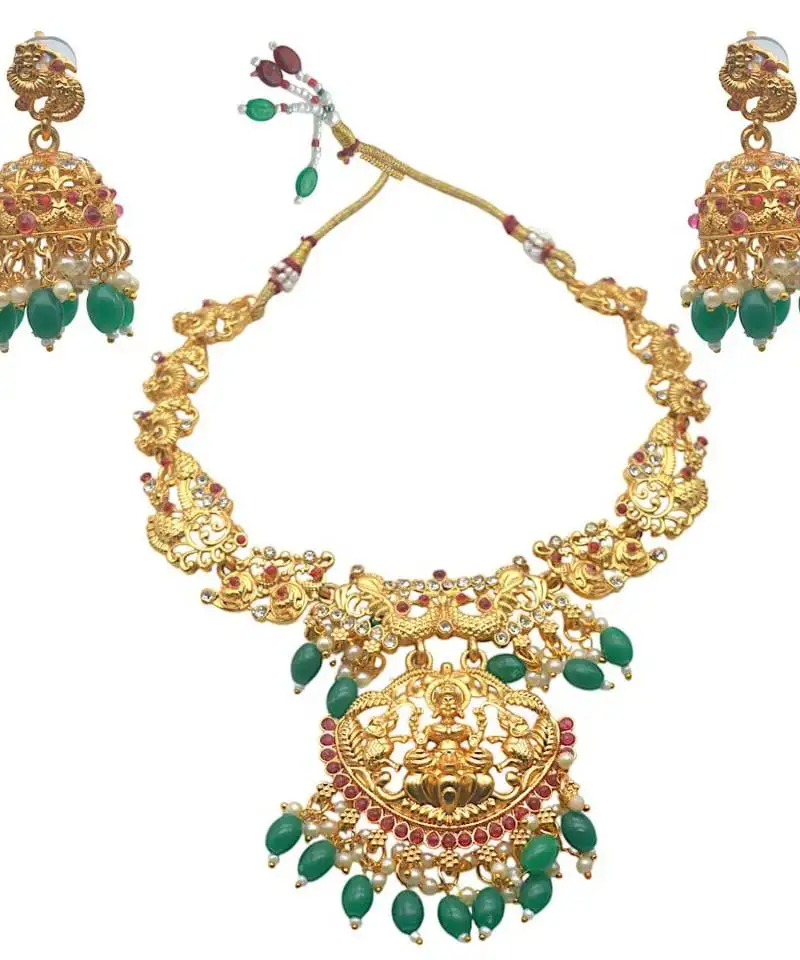 Traditional temple peacock design gold plated necklace set with long jhumki earrings with green beads for women