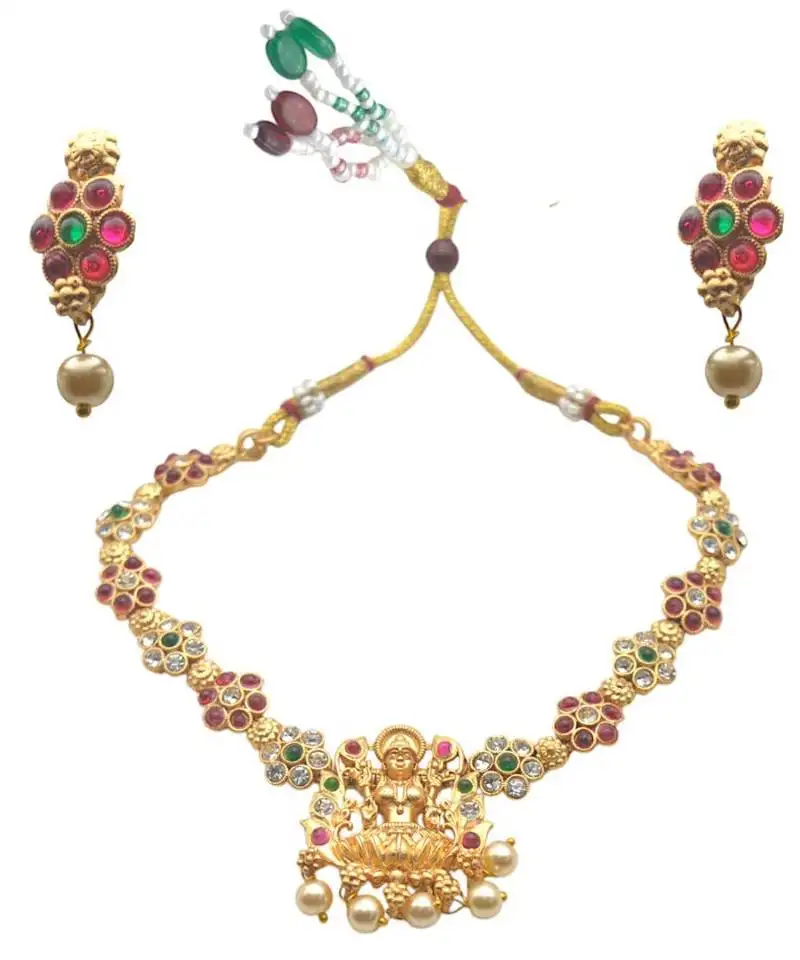 South indian temple necklace jewelry choker gold plated necklace flower design with white beads stud earrings