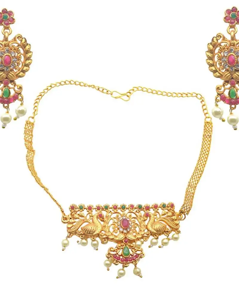 Latest stylish south indian choker for women gold plated necklace set with earrings lightweight fashion jewelry